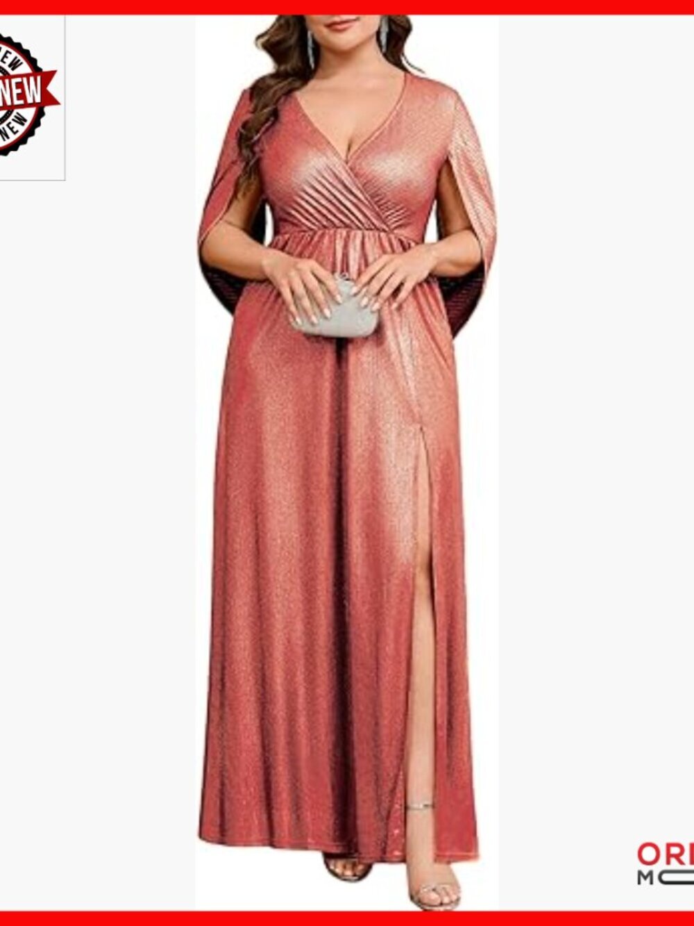 Plus Size Sparkly Formal Maxi Dress Cape Sleeve V Neck Side Split